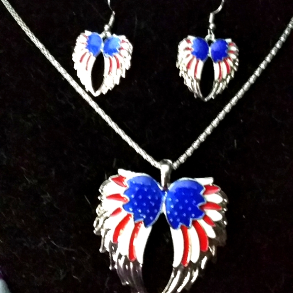 Silver Tone Wings With Red, White and Blue Enamel Earrings and Necklace Set